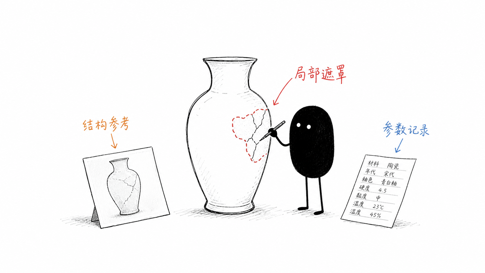 小黑用文物修复细笔在局部遮罩内补回商品轮廓和纹理