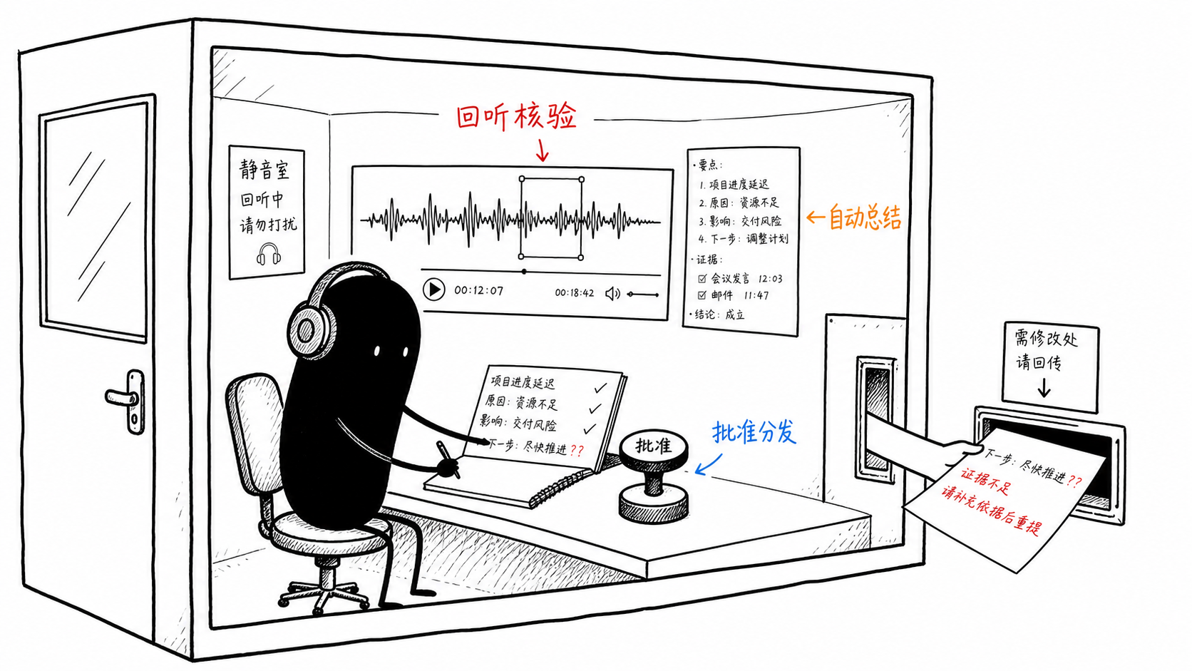 小黑在隔音亭内回放会议并退回无依据句子