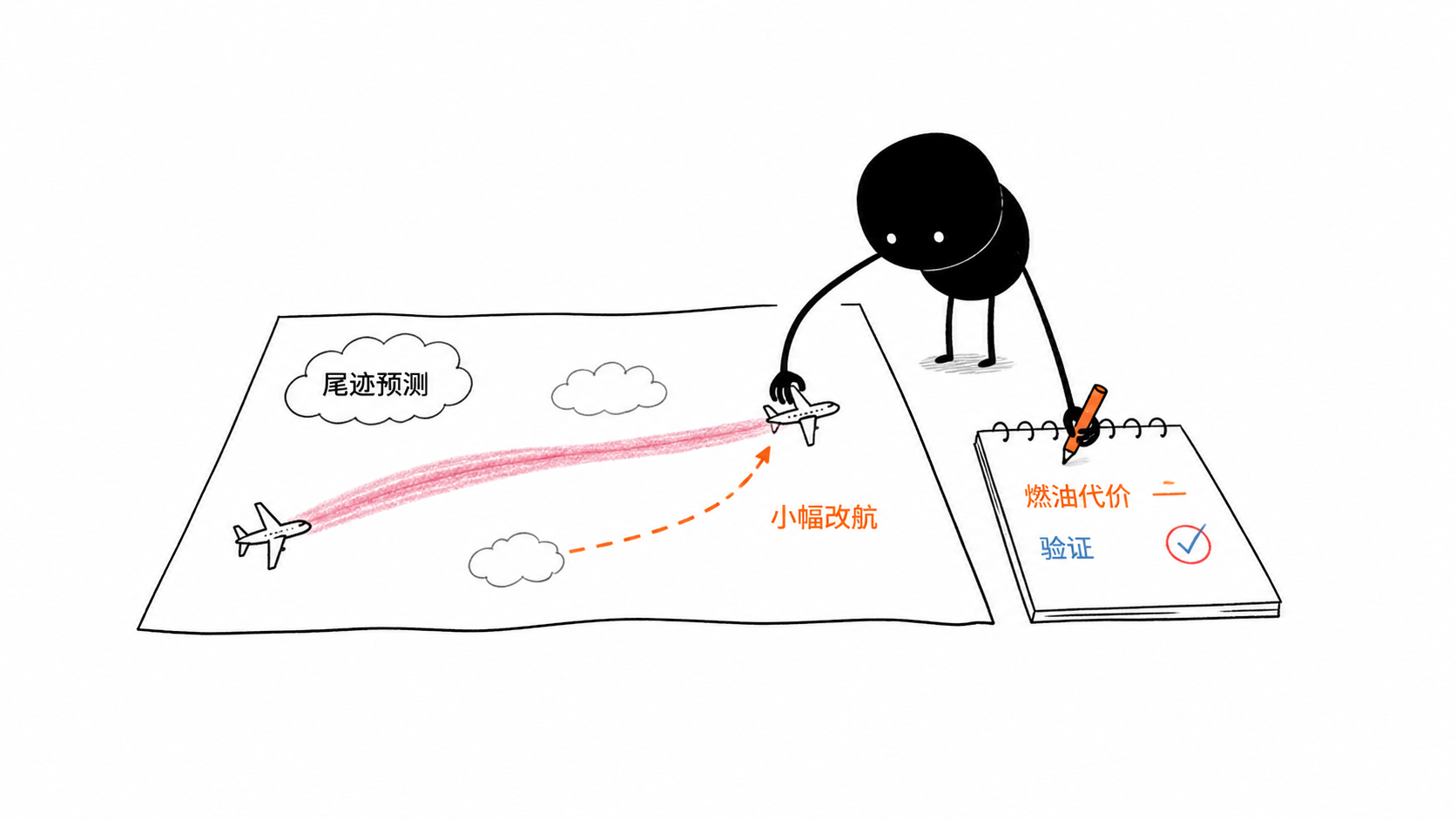 小黑在空域图上微调飞机路线以避开可能增温的尾迹区域