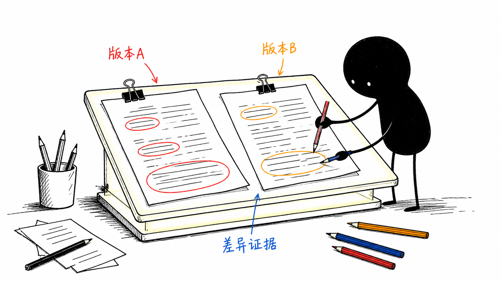 小黑把两版合同夹在描图板上并圈出不重合条款