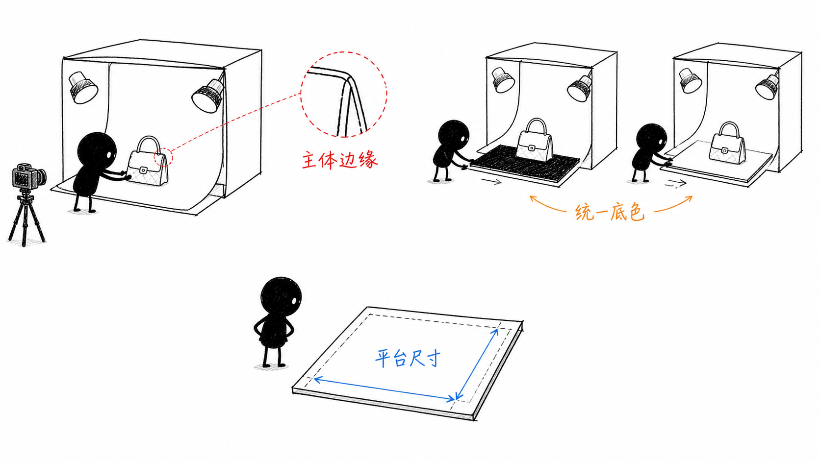小黑在迷你无影棚中轮换黑白底板检查商品残边