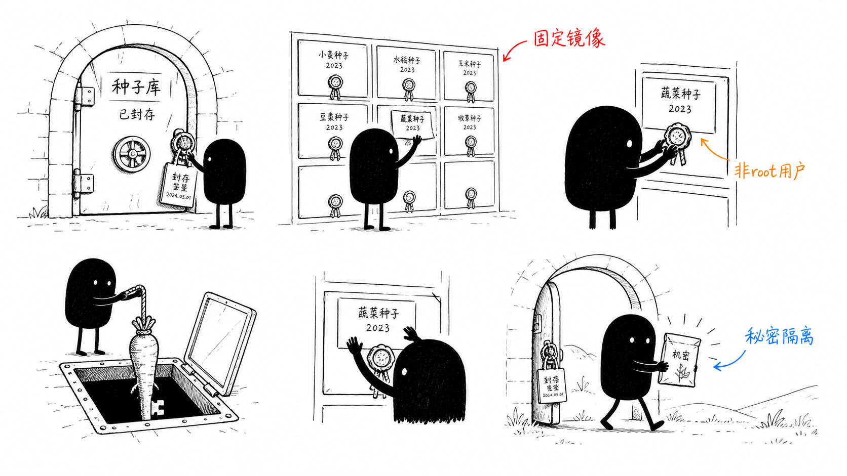 小黑检查密封种子库的镜像标签、运行权限和秘密隔离