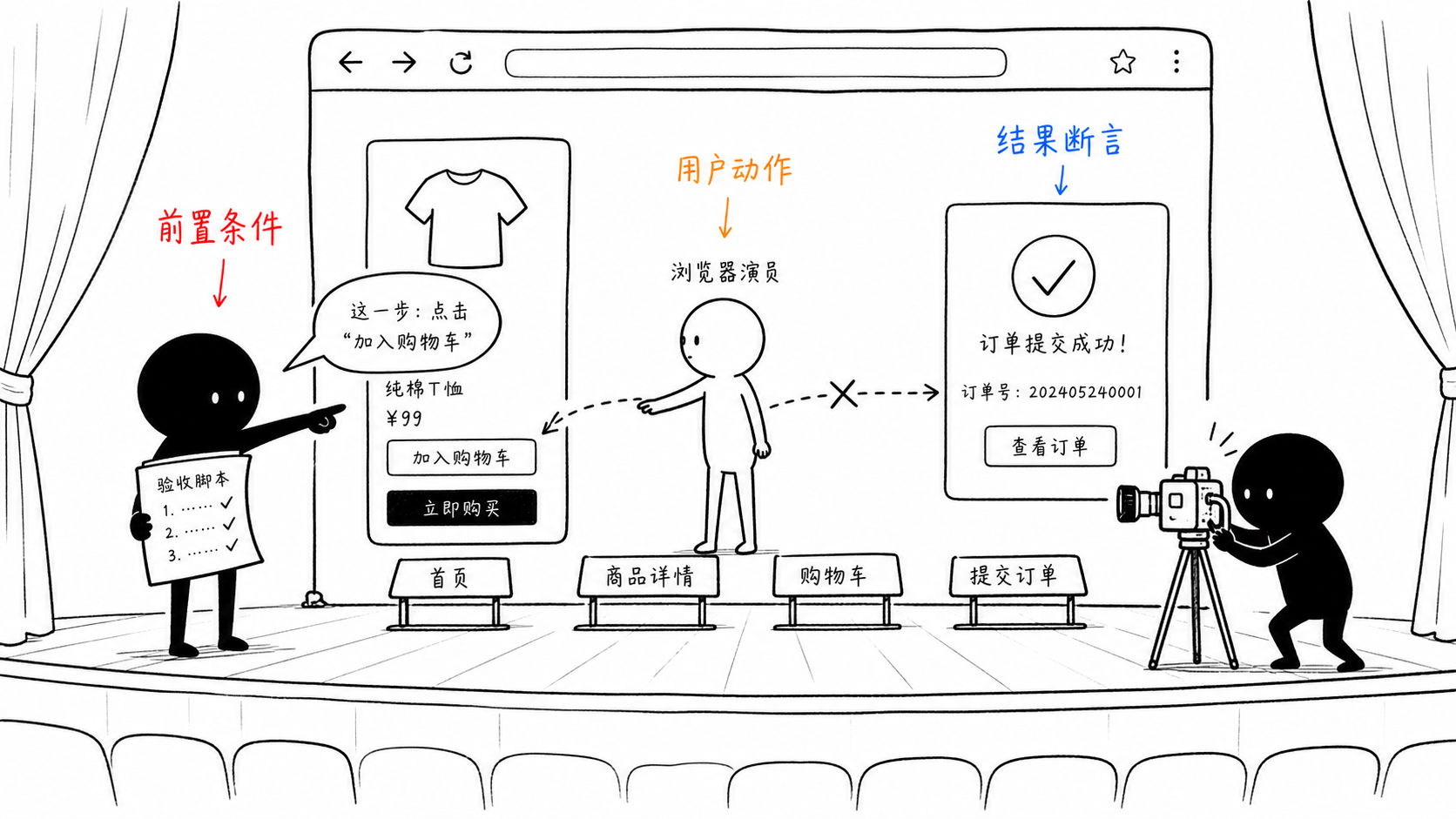 小黑在网页剧场中按验收剧本指挥浏览器走位并拍摄失败动作