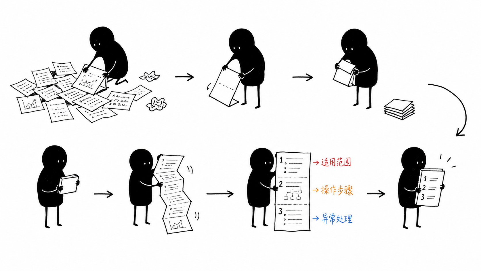 小黑把零散笔记折叠并展开成带编号步骤的说明书