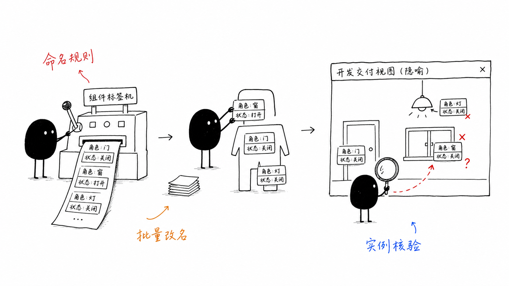 小黑用组件标签机逐层打印角色和状态名称并检查是否贴错