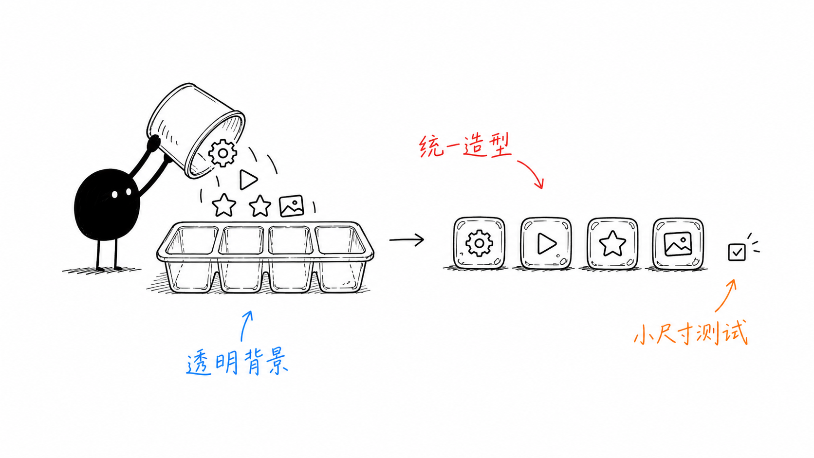 小黑把四种功能符号放入透明冰格模具并逐个缩小检查