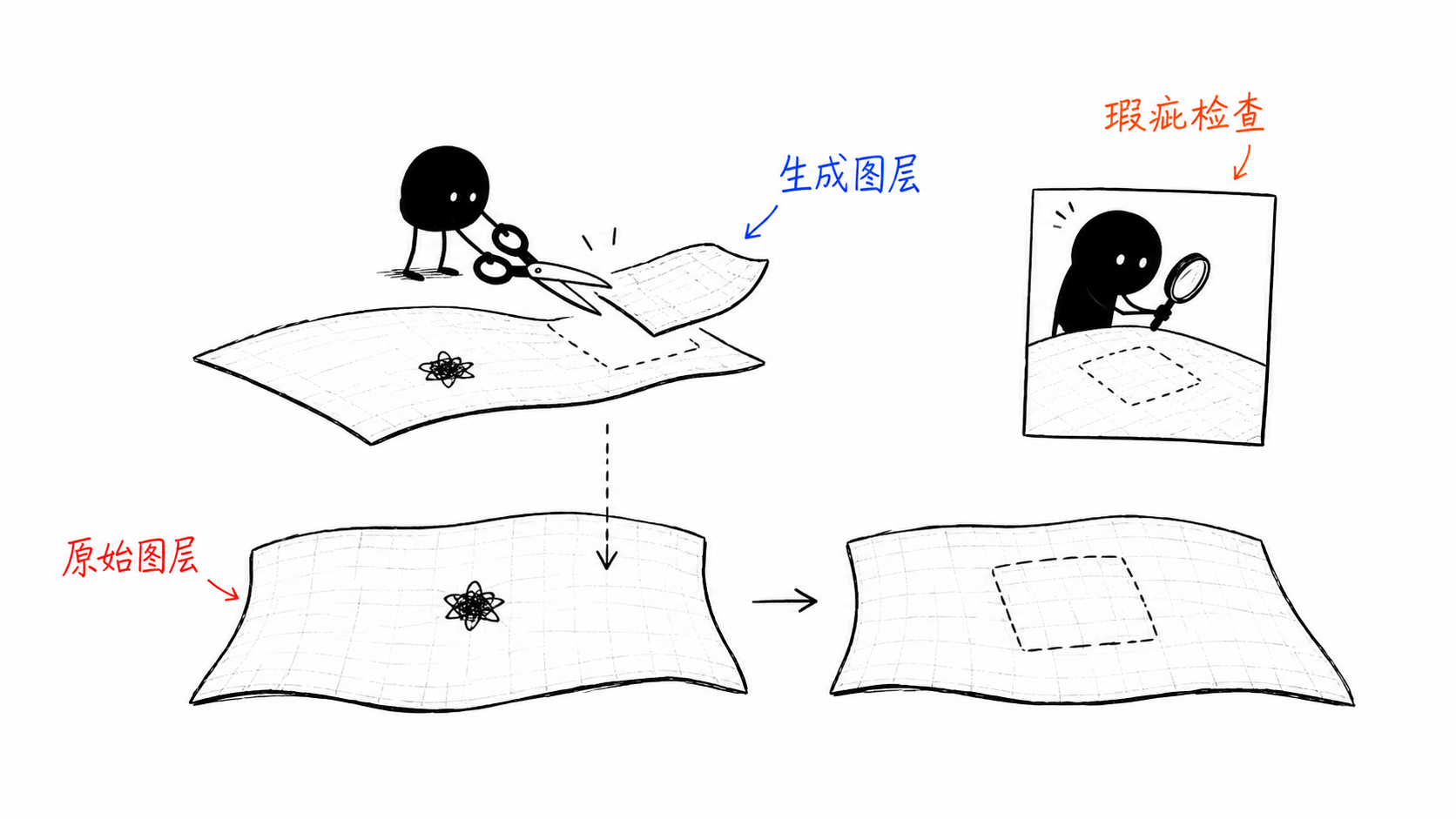 小黑剪下纹理相符的补丁布覆盖杂物,并保留底层原布