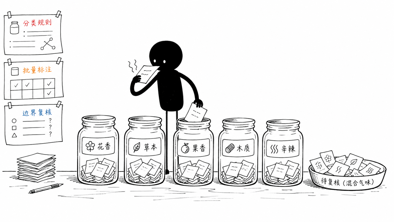 小黑辨别反馈纸条后放入不同标签罐,并把混合反馈留作边界复核