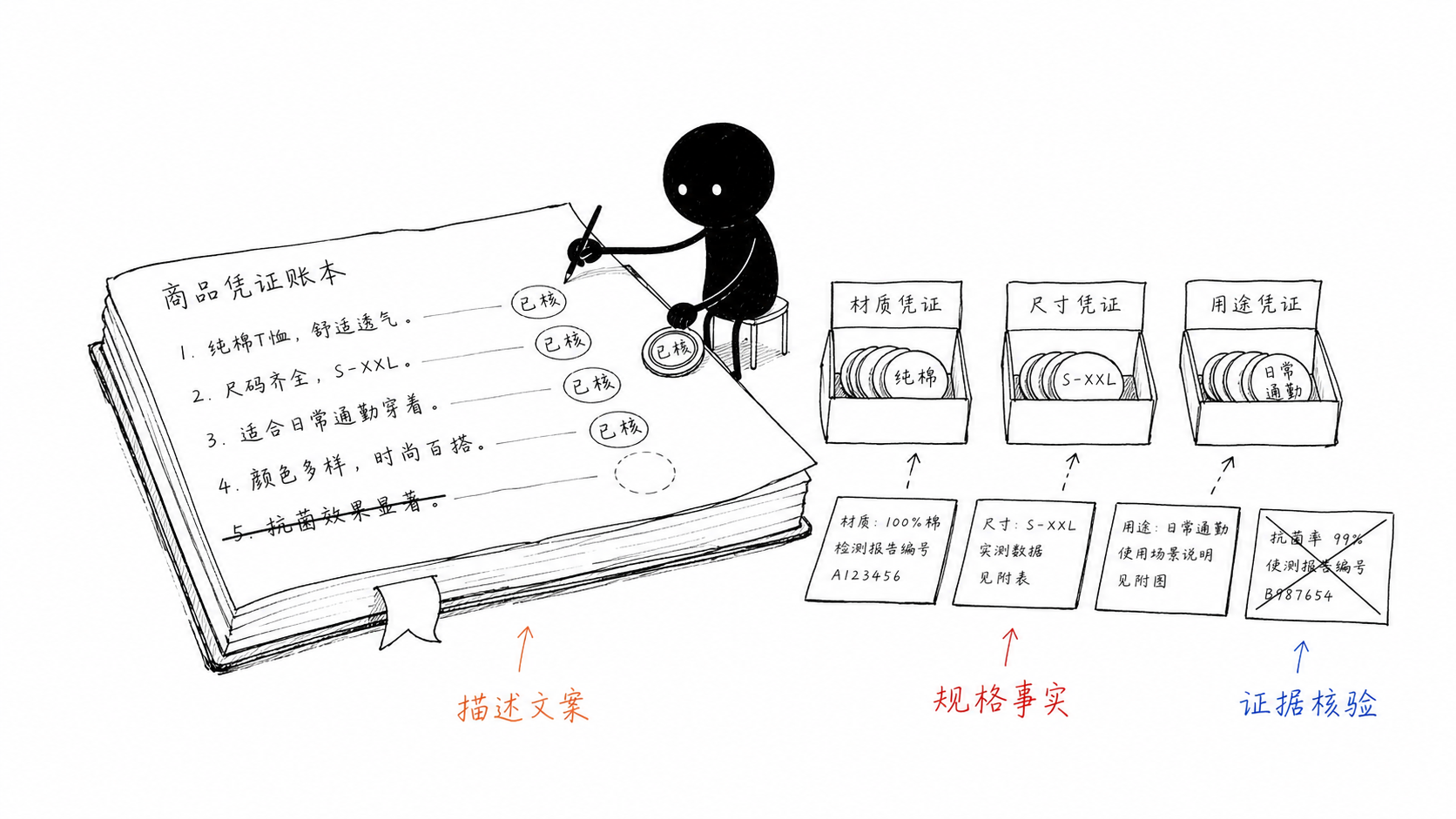小黑在商品凭证账本中为每句描述盖上对应规格凭证