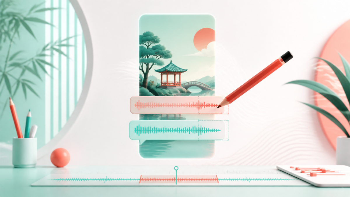 同一段语音对应上下两行双语字幕,过长句子与错误词正在被逐项校对