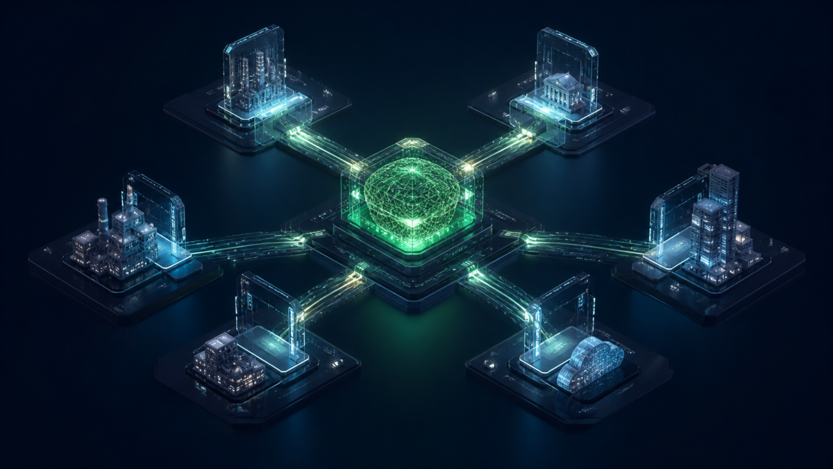 多个可信安全服务节点连接企业网络与前沿 AI 防御核心